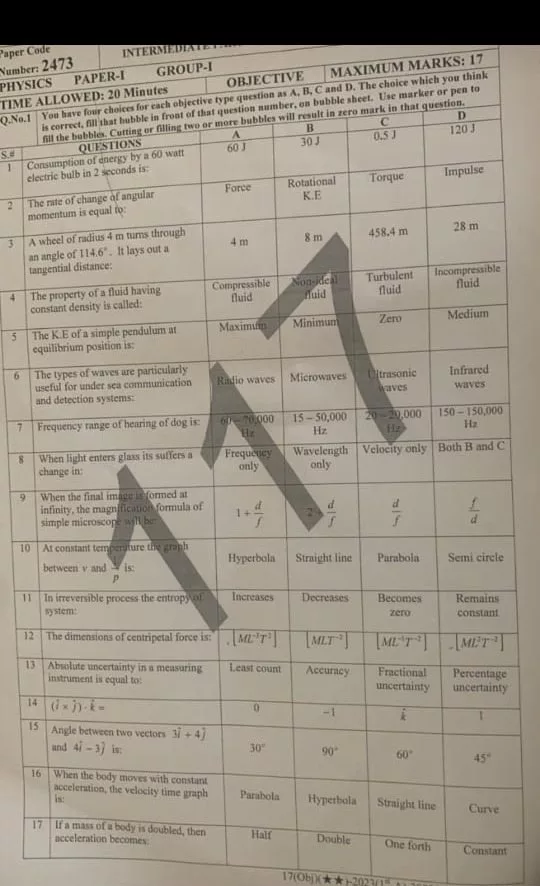 1st Year Physics Past Paper 2023 BISE Multan Board